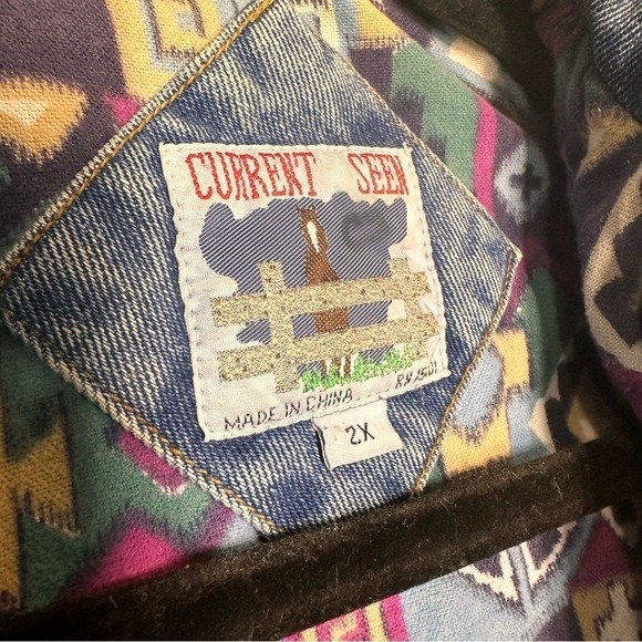 Vintage 90 Western Aztec Lined Denim Coat Women 2X Heavyweight Barn Chore Jacket - Picture 10 of 16